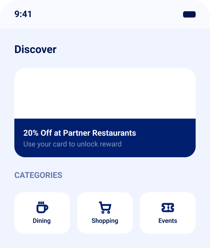 Discover screen showing a partner restaurant offer and dining, shopping and events categories