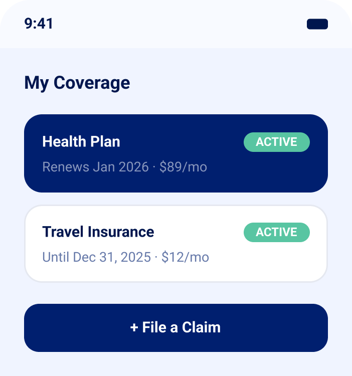 My Coverage screen showing an active health plan and travel insurance with a file-a-claim action