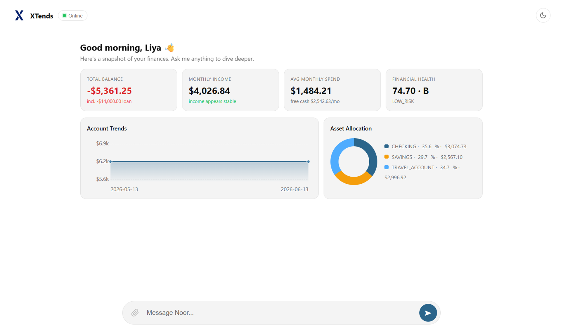 NOOR financial assistant dashboard showing balances, account trends and asset allocation